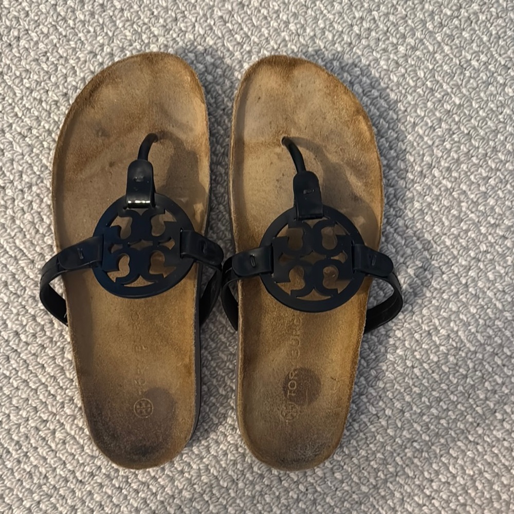 Tory Burch Miller Cliud Sandals Black Patent Leather medallion